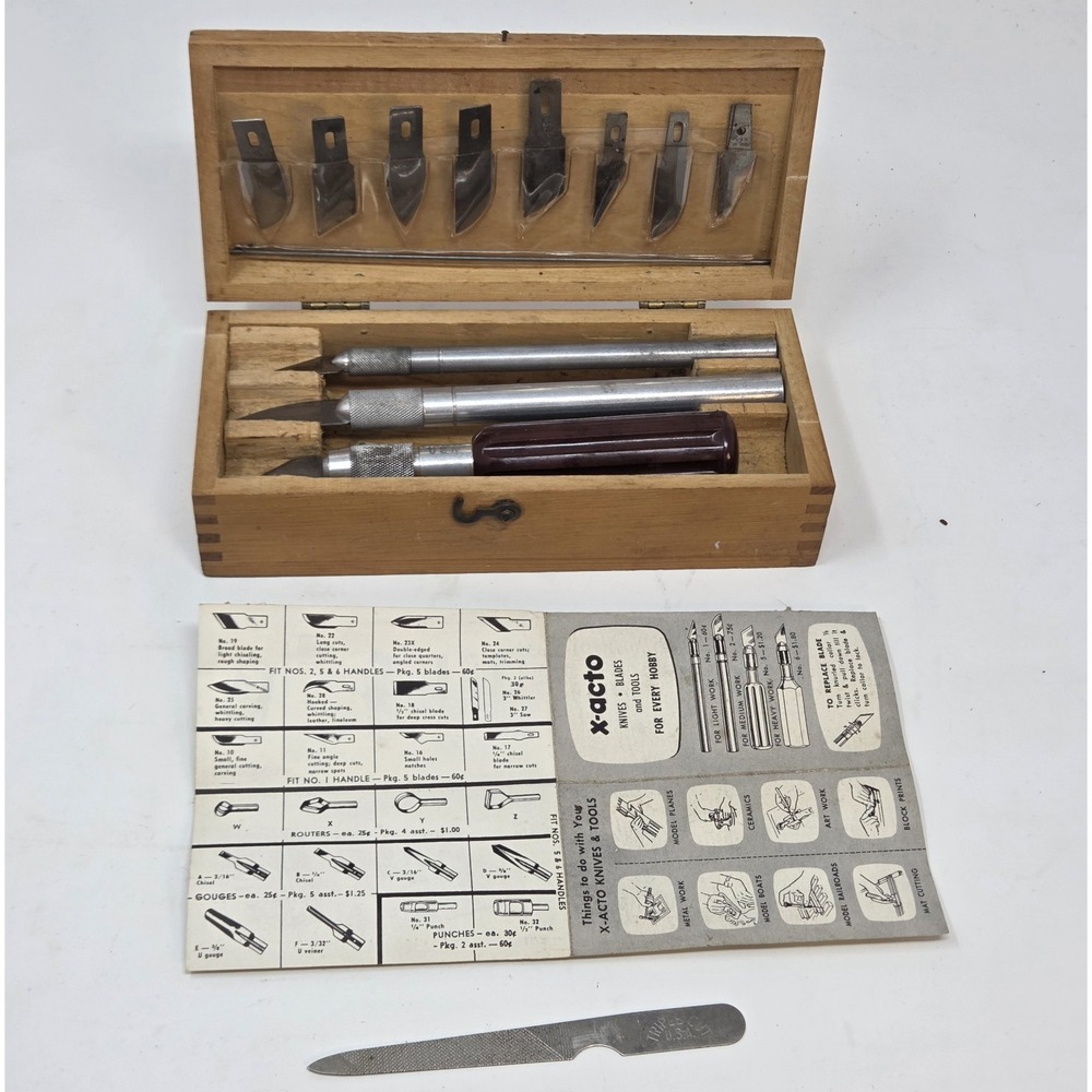 Vintage 1950s X-Acto Knife Set Wood Box USA Handle & Blades